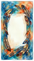 Watercolor feather wreath frame with tribal patterns on colorful blue orange background, bohemian border design for invitations and greeting cards.