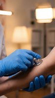 Doctor in blue latex gloves using stethoscope on patient arm during medical examination in clinic at night.