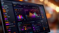 Dark analytics dashboard with colorful charts and graphs showing business data visualization on computer screen against blurred bokeh background.