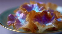 Delicate oyster mushrooms with vibrant purple and blue bioluminescent glow on green ceramic plate with gold trim, creating ethereal natural food photography.