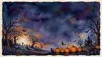 Halloween night scene with glowing jack-o-lanterns, bare trees, flying bats and full moon creating spooky autumn atmosphere for seasonal decorations.