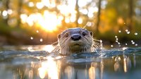 Otter swimming in water during golden hour sunset with warm bokeh lights reflecting on surface creating magical wildlife scene.