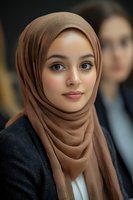 Young Muslim businesswoman wearing beige hijab and dark blazer smiling confidently in professional office environment for corporate diversity concepts.