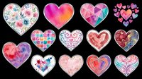 Colorful heart shapes with floral, gradient, and geometric patterns isolated on transparent background. Ready for t-shirt designs, stickers, clipart, sublimation, print-on-demand products, and digital crafts.