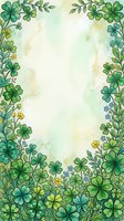 Watercolor clover frame with four-leaf shamrocks and wildflowers on soft green background, copy space for St. Patricks Day greeting cards.