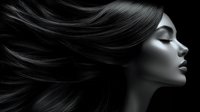 Young Asian woman with flowing dark hair against black background, eyes closed in serene expression. Dramatic side profile lighting creates ethereal beauty portrait.