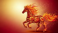 Fiery horse with ornate swirls galloping through golden red gradient background with sparkling particles and flowing mane for mystical designs.