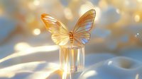Golden butterfly with translucent wings perched on crystal perfume bottle against soft bokeh background with warm light reflections.