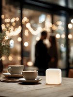 Cozy cafe scene with coffee cups on wooden table and warm bokeh lights creating intimate atmosphere for hospitality and dining concepts.