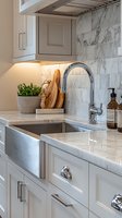 Modern farmhouse kitchen with stainless steel apron sink, marble countertops and backsplash, white cabinetry, chrome fixtures, and decorative cutting boards and potted herbs.