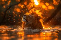 Majestic male lion shaking water from his mane at sunset, creating dramatic splashes and droplets with golden backlight, perfect for nature magazines and wildlife concepts.