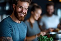Young bearded man smiling at camera in modern restaurant with friends dining in background, casual social gathering atmosphere.