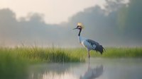 Majestic red-crowned crane standing in misty wetland at dawn, reflected in still water amid tall grass, creating serene natural atmosphere.