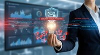 Businessman pointing at cybersecurity threat phishing warning with malware detection alerts and suspicious email activity notifications on digital interface.