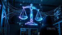Digital justice scales hologram glowing in blue cyber environment with data streams and network connections for legal technology and law enforcement concepts.