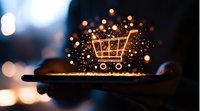 Glowing shopping cart icon floating above smartphone screen with magical sparkles and bokeh lights in dark background for online retail and e-commerce concepts.