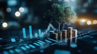 Growing tree on stacks of coins with financial chart and bokeh background, representing sustainable investment growth and green financial development.