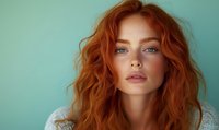 Young Caucasian woman with natural red wavy hair and blue eyes wearing knit sweater against turquoise background, looking at camera with natural makeup and soft expression.