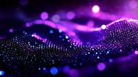 Glowing purple and blue particle wave with bokeh effect on dark background creates futuristic digital landscape for technology and science designs.