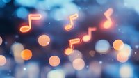 Glowing neon musical notes floating on blurred blue bokeh background with orange light spots creates dreamy atmospheric composition.