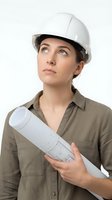 Female construction worker, Caucasian ethnicity, wearing white hard hat and khaki work shirt, holding rolled blueprints, looking upward thoughtfully against white background for professional and industrial design projects.
