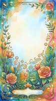 Watercolor floral border with gold ornaments, roses, tropical leaves, and sparkles on a soft pastel background with copy space for text.