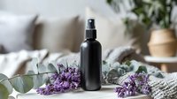Black cosmetic spray bottle with lavender flowers and eucalyptus leaves on cozy knitted surface, perfect for natural skincare product photography.
