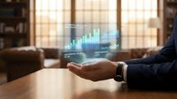 Businessman displaying holographic financial data charts and graphs above palm in modern office environment for business analytics and technology presentation.