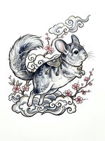 Whimsical squirrel with ornate armor and flowing tail stands among decorative clouds and cherry blossoms in this charming hand-drawn illustration for apparel and design projects.