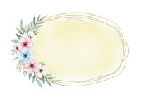 Watercolor floral oval frame with pink and blue flowers, green leaves, and gold border on isolated white background. Perfect for invitations, greeting cards, and design projects.