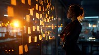 Young businesswoman in dark office looking at sticky notes on glass wall illuminated by warm evening light, arms crossed, side view showing contemplative planning.