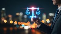 Professional businessman holding glowing digital scales of justice symbol representing legal technology, law firm services, and corporate compliance solutions.