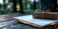 Rustic bundle of wooden sticks tied with twine rests on blank paper against wooden surface, creating minimalist natural composition with blurred forest background.