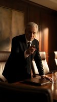 Senior Caucasian businessman in dark suit pointing finger at camera in elegant office boardroom with warm lighting for corporate leadership concepts.