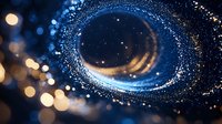 Magical swirling light trails with glowing particles and bokeh effects create mesmerizing spiral galaxy atmosphere against dark background. Cosmic abstract art.