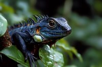Blue iguana resting on green leaf with water droplets, displaying distinctive spiky dorsal crest and orange eye markings. Wildlife and nature photography.