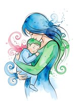 Watercolor mother holding baby with flowing hair and decorative swirls on white background for motherhood designs.