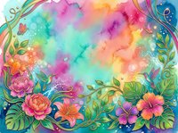 Vibrant watercolor floral frame with tropical flowers, hummingbirds, and butterflies on a colorful rainbow background with copy space.