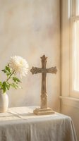 Ornate wooden cross on linen tablecloth with white chrysanthemum flower in vase by sunlit window creating peaceful religious home decor atmosphere.