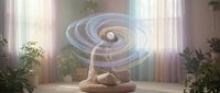 Young woman practicing meditation with glowing energy spiral in sunlit room with plants creating peaceful wellness atmosphere for mindfulness and spiritual growth.