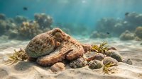 Orange octopus resting on sandy ocean floor surrounded by coral reef and marine life in tropical underwater seascape for diving and marine biology content.