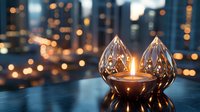 Crystal lotus candle holder with glowing flame against blurred city lights background, creating atmospheric ambiance for meditation or romantic evening.