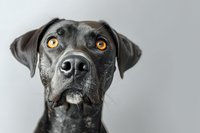 Close up portrait of black mixed breed dog with bright amber eyes looking directly at camera against light gray background, showing expressive face.