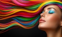 Young woman with rainbow colored flowing hair against black background, closed eyes, bright eye makeup and natural complexion in artistic beauty portrait.