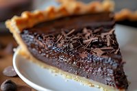 Rich chocolate tart slice with flaky pastry crust and dark chocolate shavings on white plate. Decadent dessert for bakery menus and culinary blogs.