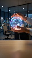Hands holding glowing digital sphere with circuit patterns in modern office environment, representing technology innovation, artificial intelligence, and business solutions.