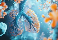 Microscopic view of respiratory system with orange viral particles surrounding blue bronchial tree structure in ethereal medical visualization for healthcare concepts.