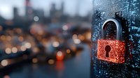 Red glowing padlock on digital background with blurred city lights, representing cybersecurity, data protection and digital privacy in modern urban environment.