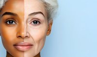 Close up portrait showing aging process and skin transformation with half young and half aged appearance on blue background. Concept of time passage and beauty.