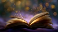 Open book with magical glowing light and sparkles rising from pages against dark background with bokeh effect, creating mystical atmosphere for fantasy stories.